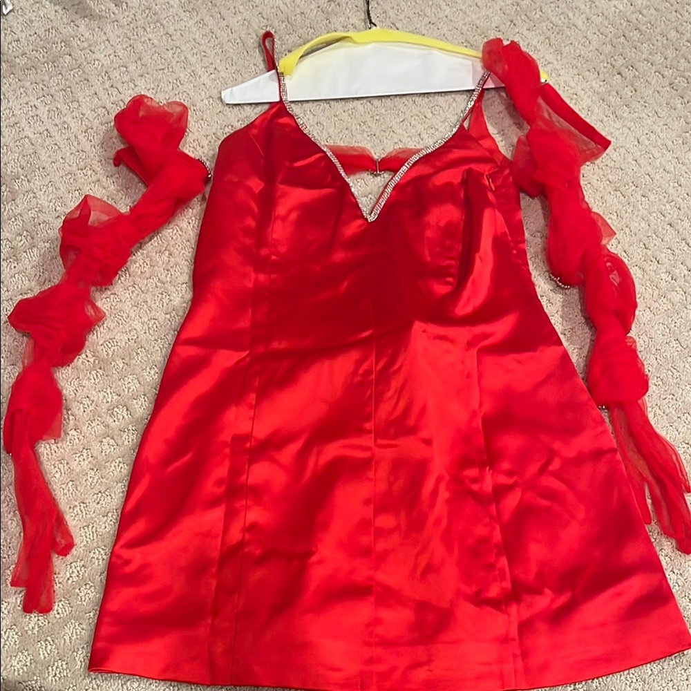 Red Satin Mini Dress with Sheer Sleeves